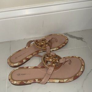 Tory Burch Blush Pink Logo Sandals with Patterned Trim